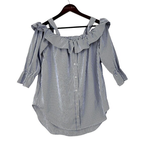 janet chung Tops - Janet Chung Womens Size L  Blouse Blue White Striped Off Shoulder Ruffle Top H2